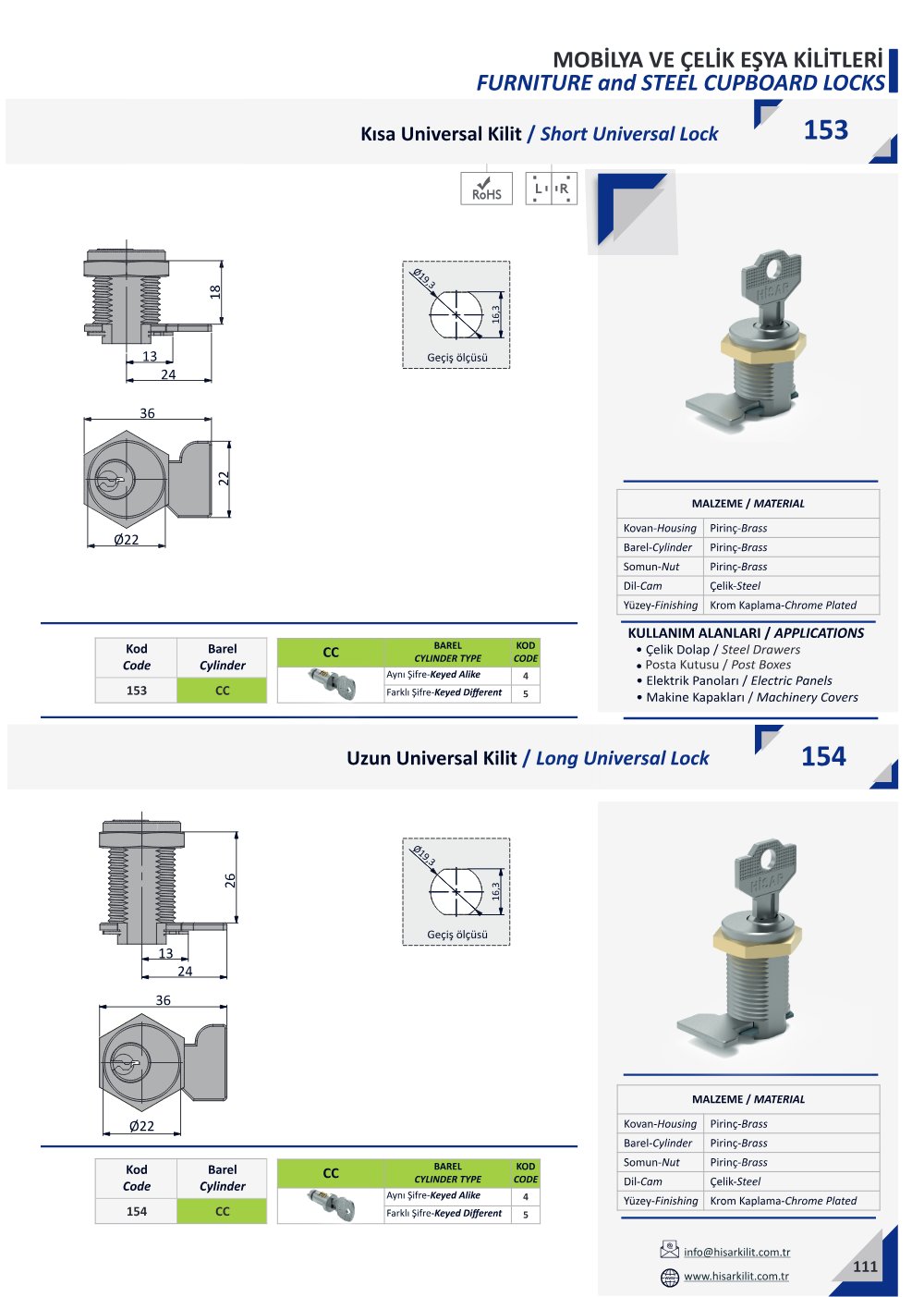 153 Kısa Universal Kilit katalog sayfası